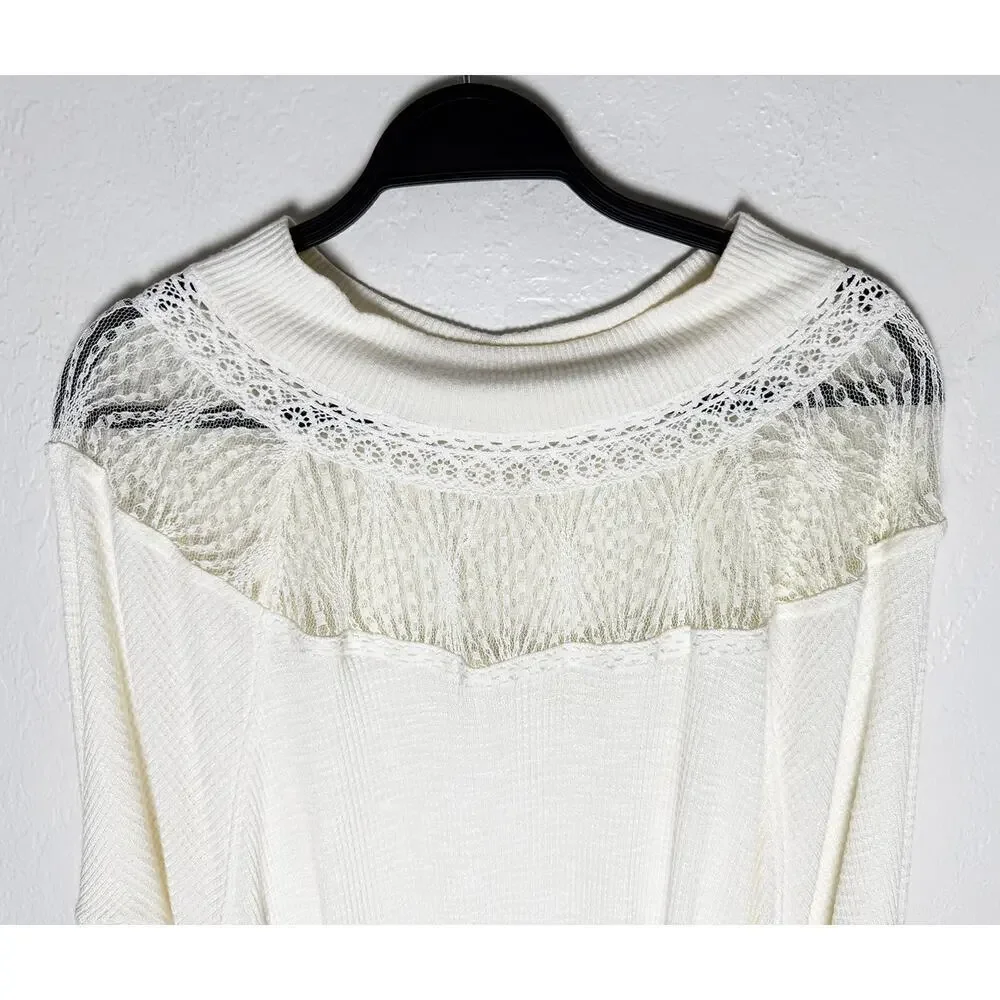 Free People Women's Ivory Spring Valley Lace Trim Lightweight Thermal Top Boho S